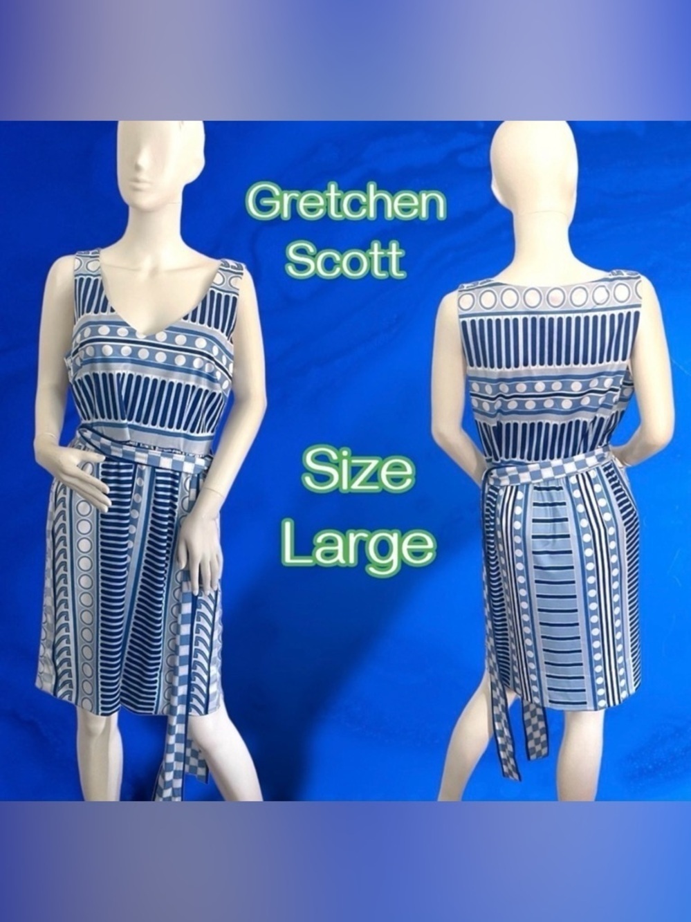 GRETCHEN SCOTT Date Night Matinee Belted Dress w/pockets Large Blue White